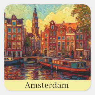 Pegatina Cuadrada Estilo van Gogh en los canales de Amsterdam
