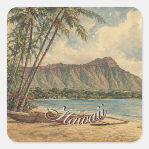 Pegatina Cuadrada Estilo vintage hawaiano viaje costa mar