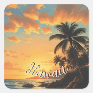 Pegatina Cuadrada Estilo vintage hawaiano viaje costa mar atardecer