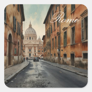 Pegatina Cuadrada Estilo Vintage Roma Viaje Italiano Acuarela