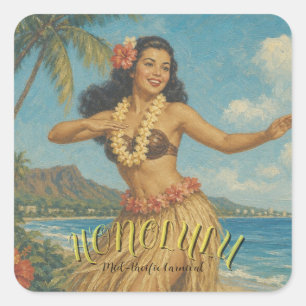 Pegatina Cuadrada Estilo Vintage Viaje a Hawaii