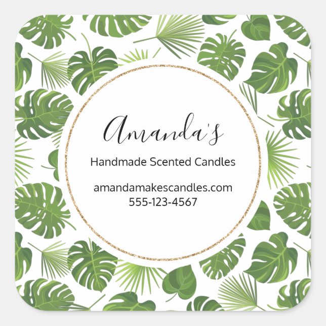 Pegatina Cuadrada Estilosas hojas tropicales verdes (Anverso)