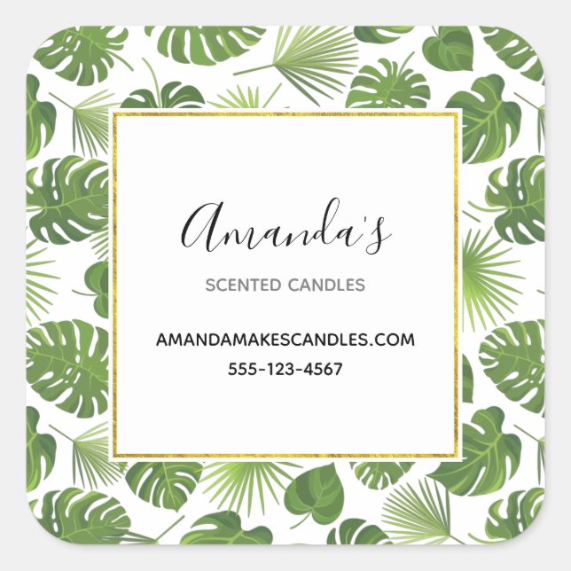 Pegatina Cuadrada Estilosas hojas tropicales verdes (Anverso)