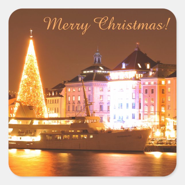 Pegatina Cuadrada Estocolmo, Suecia en Navidad por la noche (Anverso)
