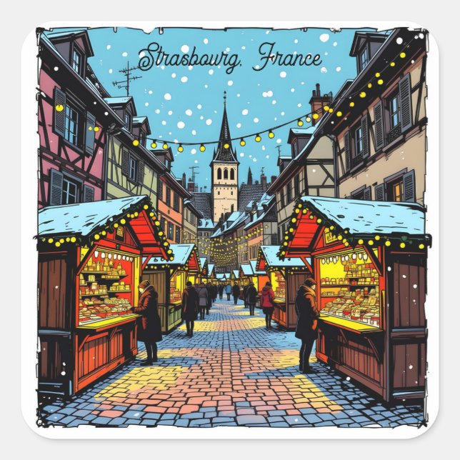 Pegatina Cuadrada Estrasburgo, Francia Navidad   (Anverso)