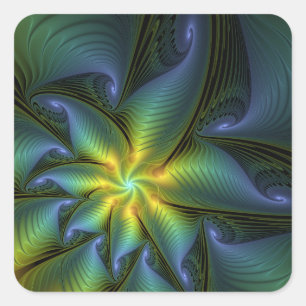 Pegatina Cuadrada Estrella abstracta, arte fractal dorado verde azul