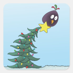 Pegatina Cuadrada Estrella de árbol de Navidad de pájaro de dibujos