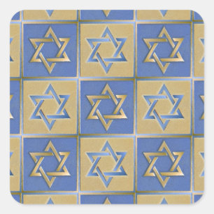 Pegatina Cuadrada Estrella de David Judaica Metal Dorado Azul