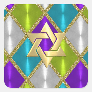 Pegatina Cuadrada Estrella de David Turquoise Purple Lime Diamonds