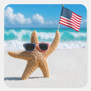 Pegatina Cuadrada Estrella de mar patriótica ondeando la bandera est