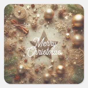 Pegatina Cuadrada Estrella de Purpurina de oro navideño de moda Merr