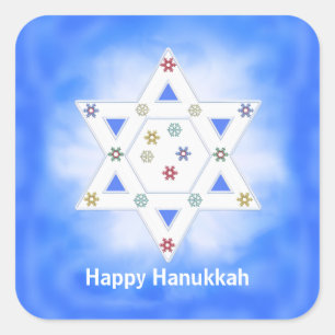 Pegatina Cuadrada Estrella Hanukkah y copos de nieve azul