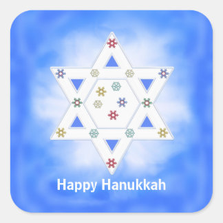 Pegatina Cuadrada Estrella Hanukkah y copos de nieve azul