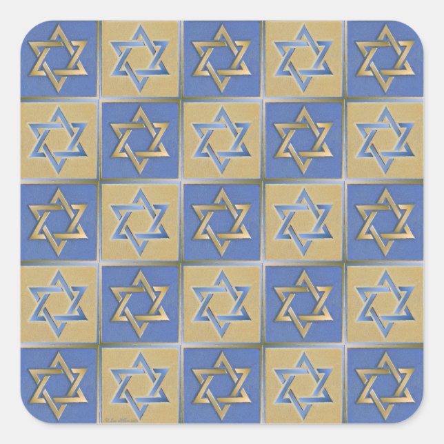 Pegatina Cuadrada Estrella Judaica De David Metalizado Gold Blue (Anverso)