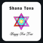 Pegatina Cuadrada Estrella judía Shana Tova<br><div class="desc">La estrella judía Shana Tova presenta una vidriera de estilo hebreo Estrella de David y un saludo soleado para un Feliz Año Nuevo.</div>