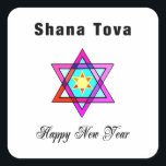 Pegatina Cuadrada Estrella judía Shana Tova<br><div class="desc">La estrella judía Shana Tova presenta una vidriera de estilo hebreo Estrella de David y un saludo soleado para un Feliz Año Nuevo.</div>