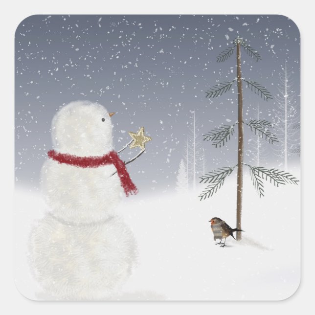 Pegatina Cuadrada Estrella navidad Snowman (Anverso)