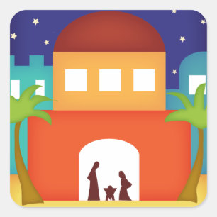 Pegatina Cuadrada Estrella sobre natividad del navidad de Belén
