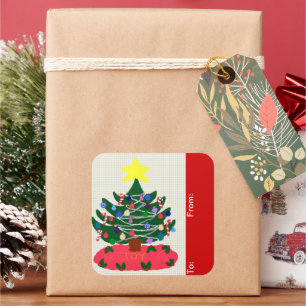 Pegatina Cuadrada Estrella y árbol navideño de moda