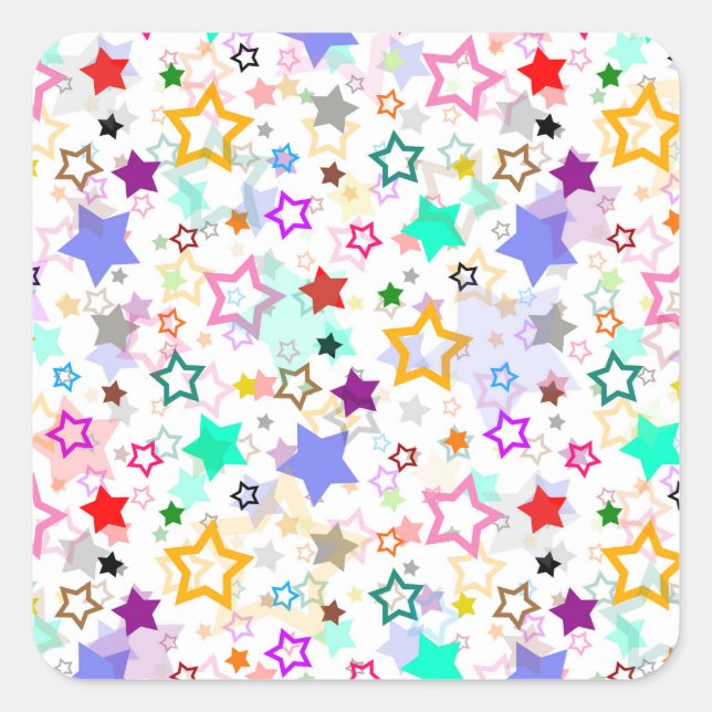 Pegatina Cuadrada Estrellas Coloridas Blancas  (Anverso)