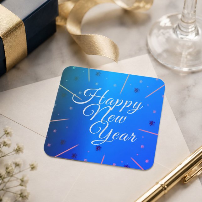 Pegatina Cuadrada Estrellas de Feliz Año Nuevo Azul (Subido por el creador)