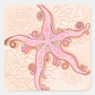 Pegatina Cuadrada Estrellas de mar y coral patrón pastel rosa