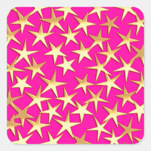 Pegatina Cuadrada Estrellas de oro en rosa fucsia