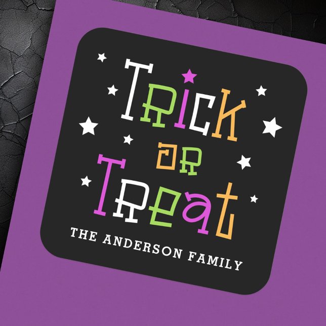Pegatina Cuadrada Estrellas de truco o víveres Feliz Halloween (Trick or treat stars Happy Halloween Square Sticker)