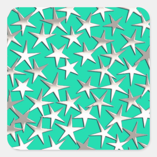 Pegatina Cuadrada Estrellas plateadas de turquesa (Anverso)