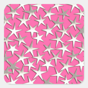 Pegatina Cuadrada Estrellas plateadas en rosa fucsia