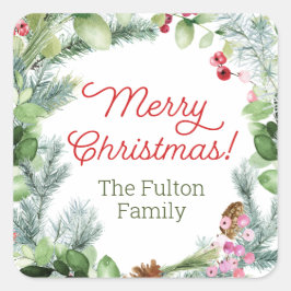 Pegatina Cuadrada Estribillos de Navidad, vegetación y bayas