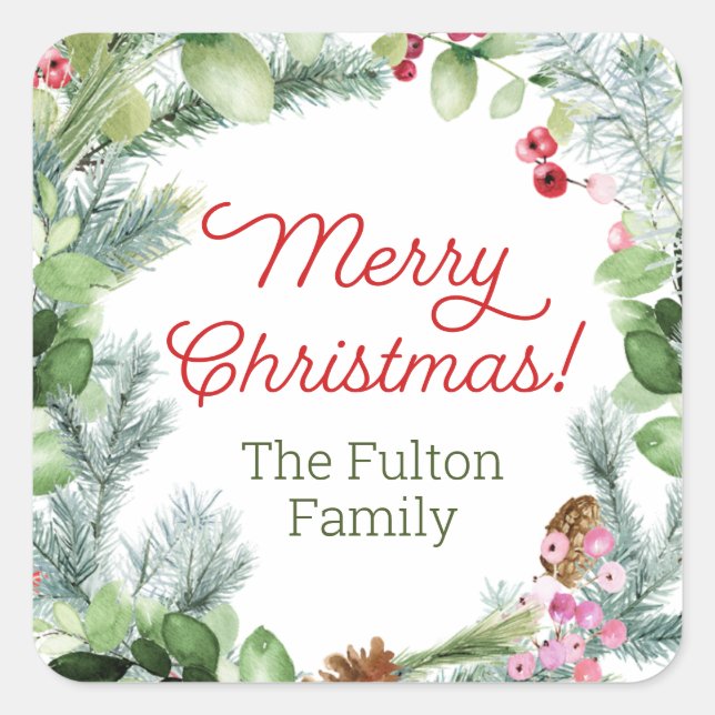 Pegatina Cuadrada Estribillos de Navidad, vegetación y bayas (Anverso)
