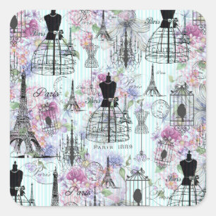 Pegatina Cuadrada Estribos de época Torre Eiffel coloquio rosa flor
