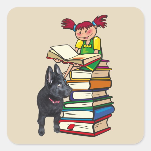 Pegatina Cuadrada Estudiar el Chica escolar y de pipa de Buddy GSD e (Anverso)