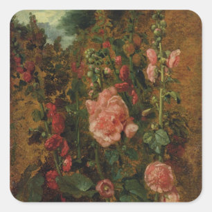 Pegatina Cuadrada Estudio de Hollyhocks, c.1826 (aceite a bordo)