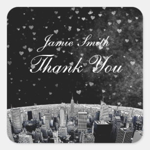 Pegatina Cuadrada Etched NYC Skyline #2 Negro Blanco Corazón Gracias