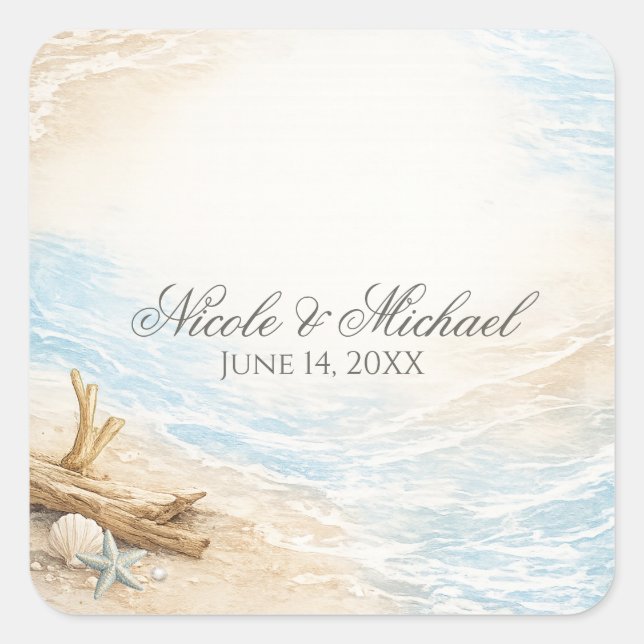 Pegatina Cuadrada Eterntal Tides Coastal Watercolor Beach Wedding (Anverso)