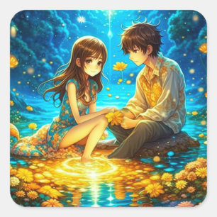 Pegatina Cuadrada Ethereal Anime Boy y Chica enamorada