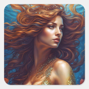 Pegatina Cuadrada Ethereal Arte de Sirenas Imprimir Fantasía Mar Sub