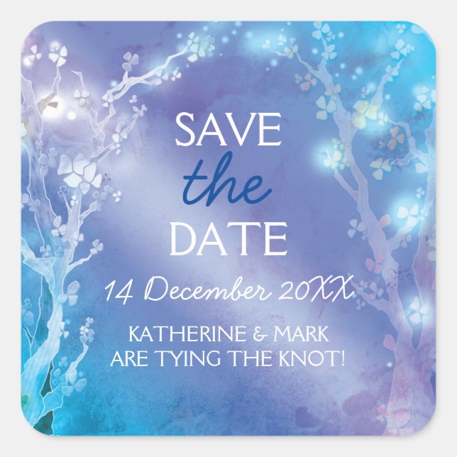 Pegatina Cuadrada Ethereal Blue Forest Wedding Save the Date (Anverso)