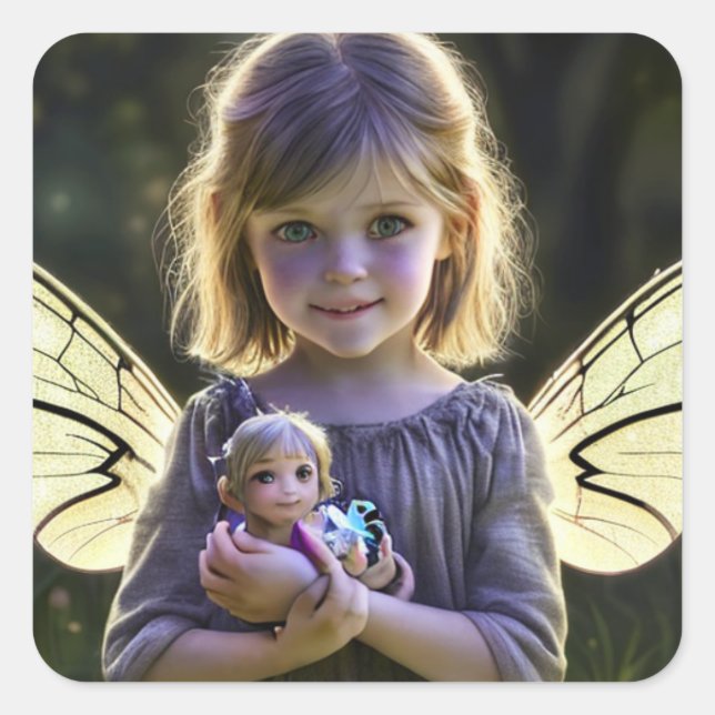 Pegatina Cuadrada Ethereal Cute Little Fairy Chica con muñeca (Anverso)
