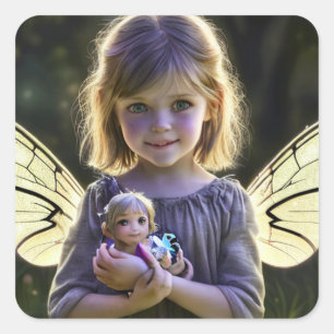 Pegatina Cuadrada Ethereal Cute Little Fairy Chica con muñeca