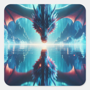 Pegatina Cuadrada Ethereal Dragon Reflection Ai Art