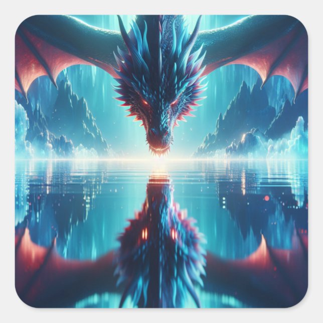 Pegatina Cuadrada Ethereal Dragon Reflection Ai Art (Anverso)