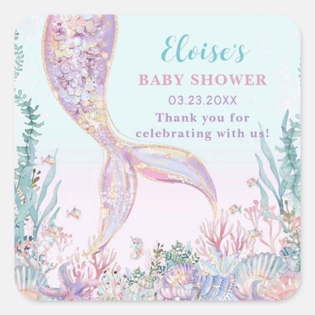 Pegatina Cuadrada Ethereal Mermaid Under Sea Baby Shower (Anverso)