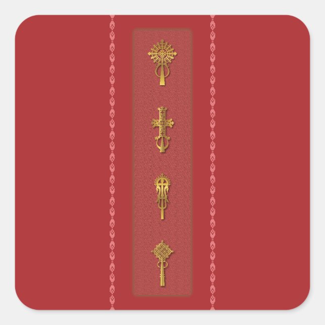 Pegatina Cuadrada Ethiopian Orthodox Crosses – Gold on Red (Anverso)