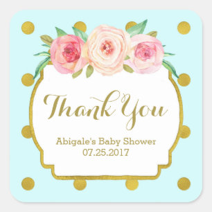 Pegatina Cuadrada Etiquetas Baby Shower Favor Floral Blue Gold Dots