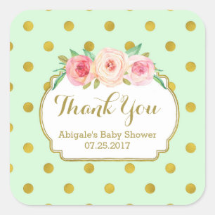 Pegatina Cuadrada Etiquetas Baby Shower Favorito Mint Gold Dots Flor