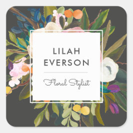 Pegatina Cuadrada Etiquetas botánicas de negocios florales | Negro