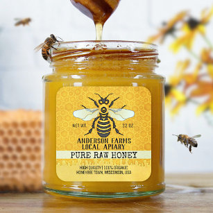 Pegatina Cuadrada Etiquetas de Apiary Honey Jar   Honeybee Honeycomb